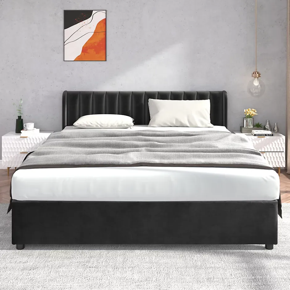 Generique Lit Double 180x200 - Lit Capitonné en Velours Noir avec 2 Tiroirs, Lit Adulte Moderne avec Rangement Sale