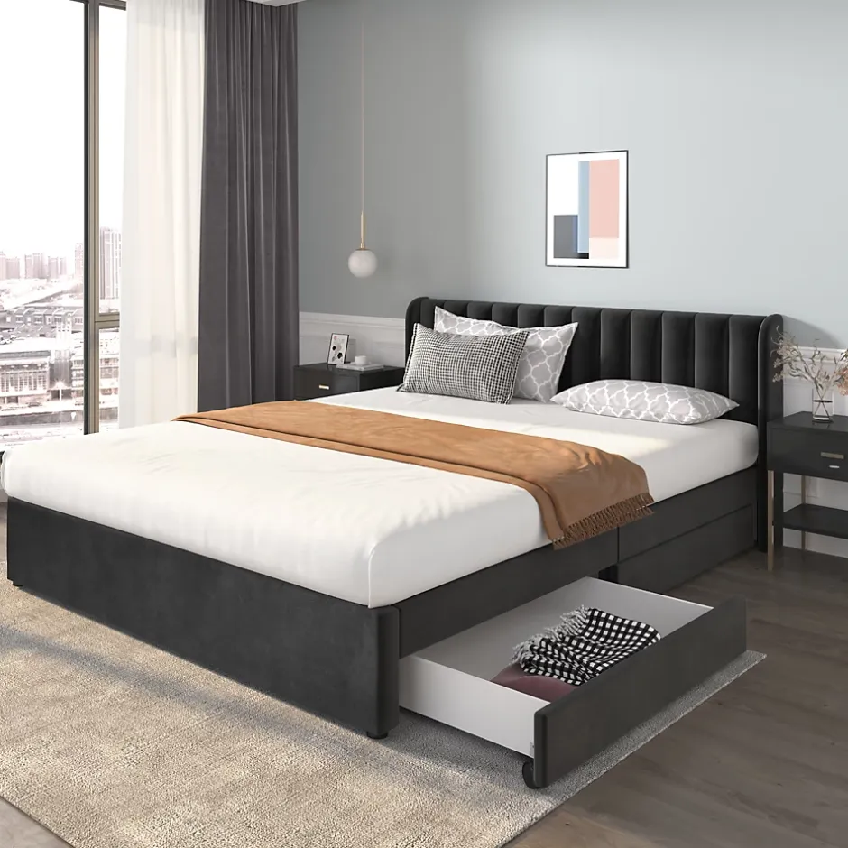 Generique Lit Double 180x200 - Lit Capitonné en Velours Noir avec 2 Tiroirs, Lit Adulte Moderne avec Rangement Sale
