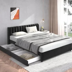 Generique Lit Double 180x200 - Lit Capitonné en Velours Noir avec 2 Tiroirs, Lit Adulte Moderne avec Rangement Sale
