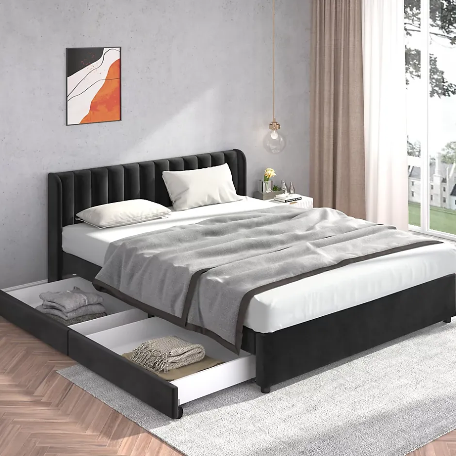 Generique Lit Double 180x200 - Lit Capitonné en Velours Noir avec 2 Tiroirs, Lit Adulte Moderne avec Rangement Sale