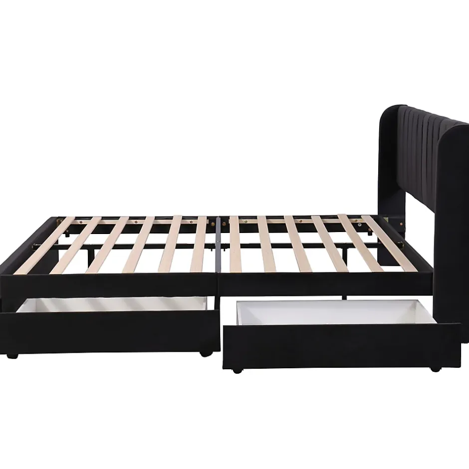 Generique Lit Double 180x200 - Lit Capitonné en Velours Noir avec 2 Tiroirs, Lit Adulte Moderne avec Rangement Sale