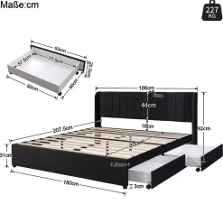 Generique Lit Double 180x200 - Lit Capitonné en Velours Noir avec 2 Tiroirs, Lit Adulte Moderne avec Rangement Sale