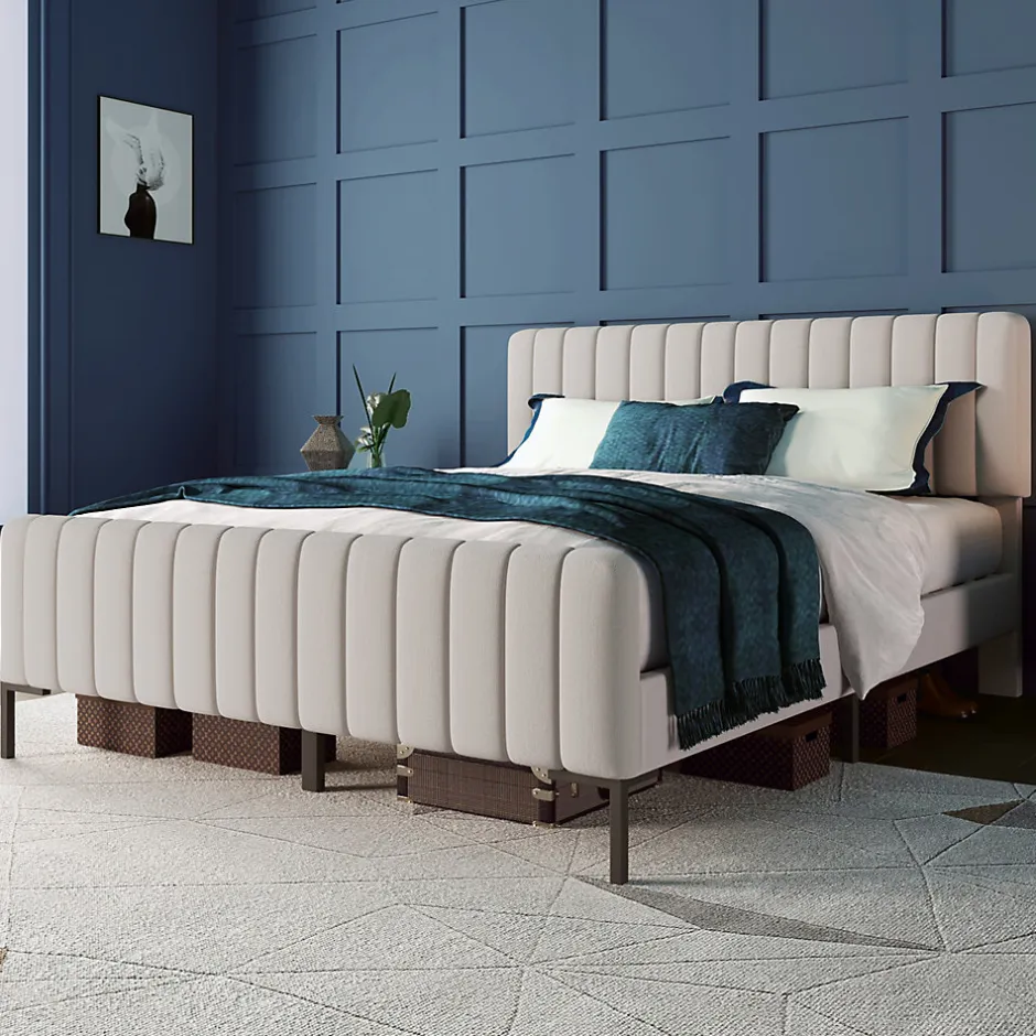 Generique Lit double 160x200 - Lit rembourré avec cadre en bois et métal - Lin - Sans Matelas - Beige Best
