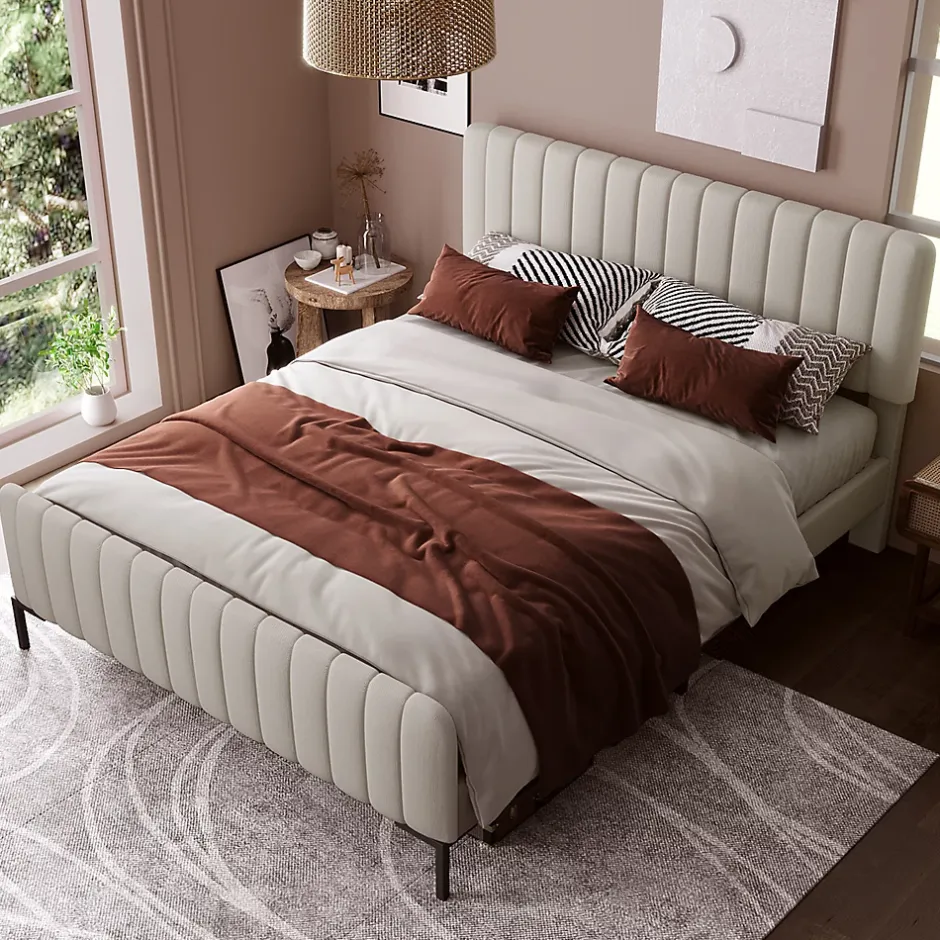 Generique Lit double 160x200 - Lit rembourré avec cadre en bois et métal - Lin - Sans Matelas - Beige Best