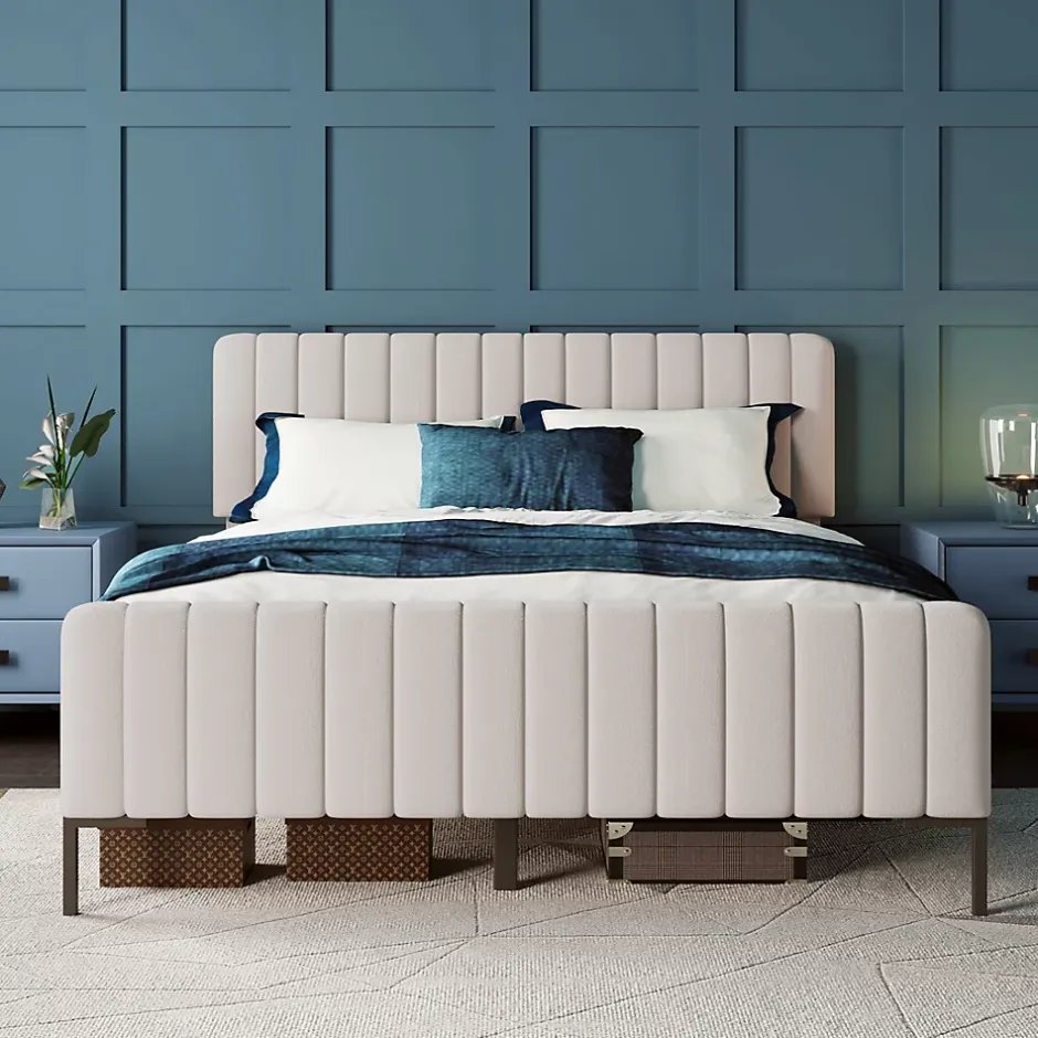Generique Lit double 160x200 - Lit rembourré avec cadre en bois et métal - Lin - Sans Matelas - Beige Best