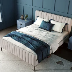 Generique Lit double 180x200 - Lit rembourré avec cadre en bois et métal - Lin - Sans Matelas - Beige