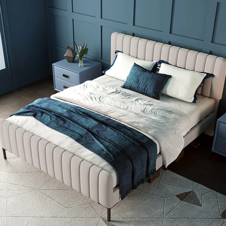 Generique Lit double 180x200 - Lit rembourré avec cadre en bois et métal - Lin - Sans Matelas - Beige