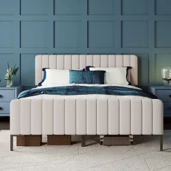 Generique Lit double 140x200 - Lit rembourré avec cadre en bois et métal - Lin - Sans Matelas - Beige