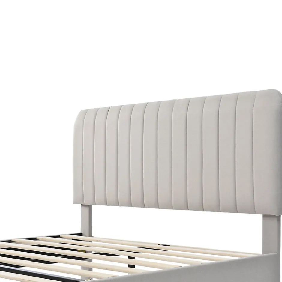 Generique Lit double 140x200 - Lit rembourré avec cadre en bois et métal - Lin - Sans Matelas - Beige
