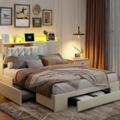 Generique lit double 160x200 avec tiroirs,lit capitonné,rangement tête de lit, tête de lit ouverte,chargement USB,LED réglable,velours,beige