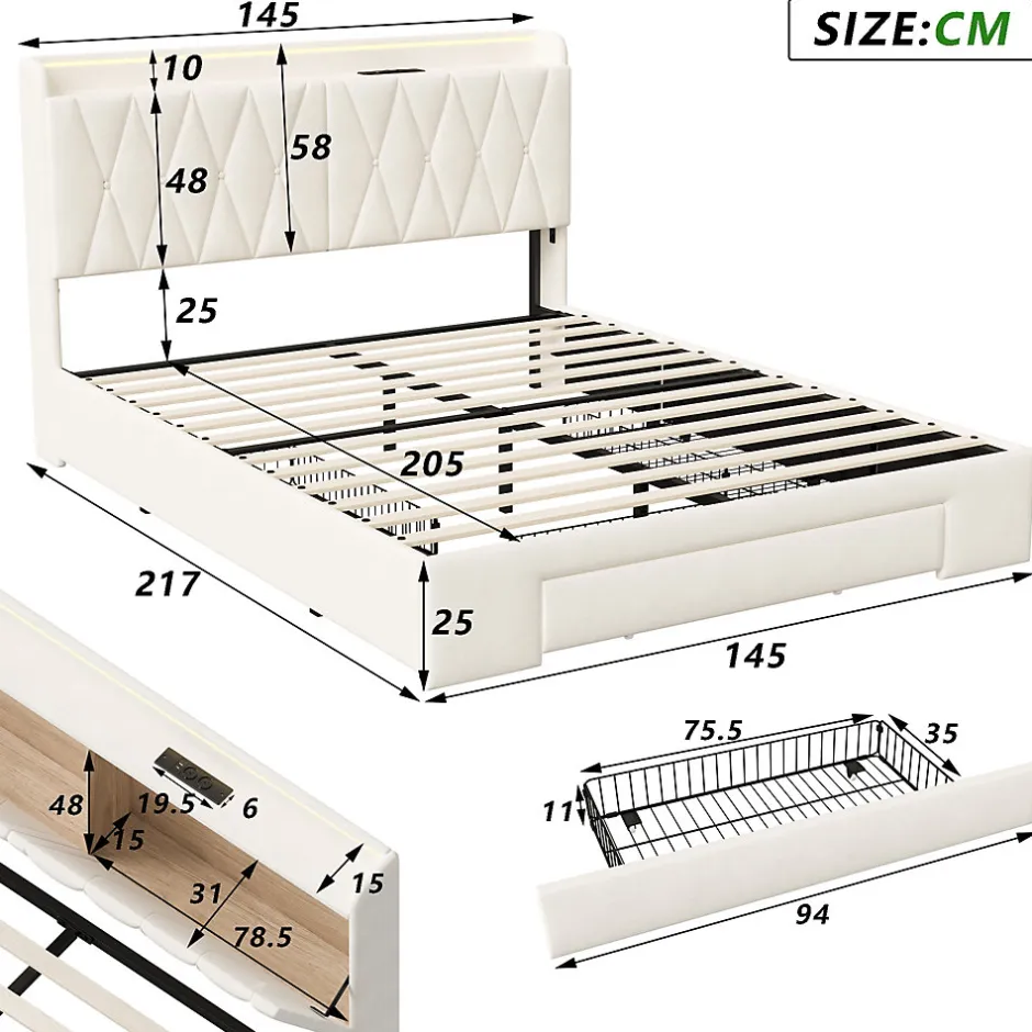 Generique lit double 160x200 avec tiroirs,lit capitonné,rangement tête de lit, tête de lit ouverte,chargement USB,LED réglable,velours,beige