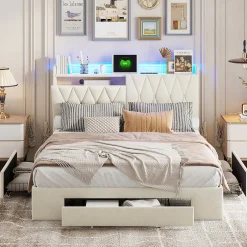Generique lit double 160x200 avec tiroirs,lit capitonné,rangement tête de lit, tête de lit ouverte,chargement USB,LED réglable,velours,beige