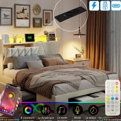 Generique lit double 160x200 avec tiroirs,lit capitonné,rangement tête de lit, tête de lit ouverte,chargement USB,LED réglable,velours,beige