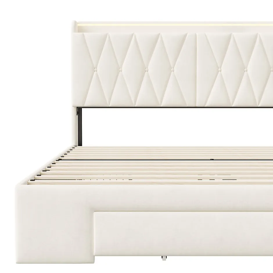Generique lit double 160x200 avec tiroirs,lit capitonné,rangement tête de lit, tête de lit ouverte,chargement USB,LED réglable,velours,beige