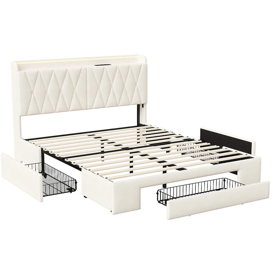 Generique lit double 160x200 avec tiroirs,lit capitonné,rangement tête de lit, tête de lit ouverte,chargement USB,LED réglable,velours,beige