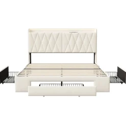 Generique lit double 160x200 avec tiroirs,lit capitonné,rangement tête de lit, tête de lit ouverte,chargement USB,LED réglable,velours,beige