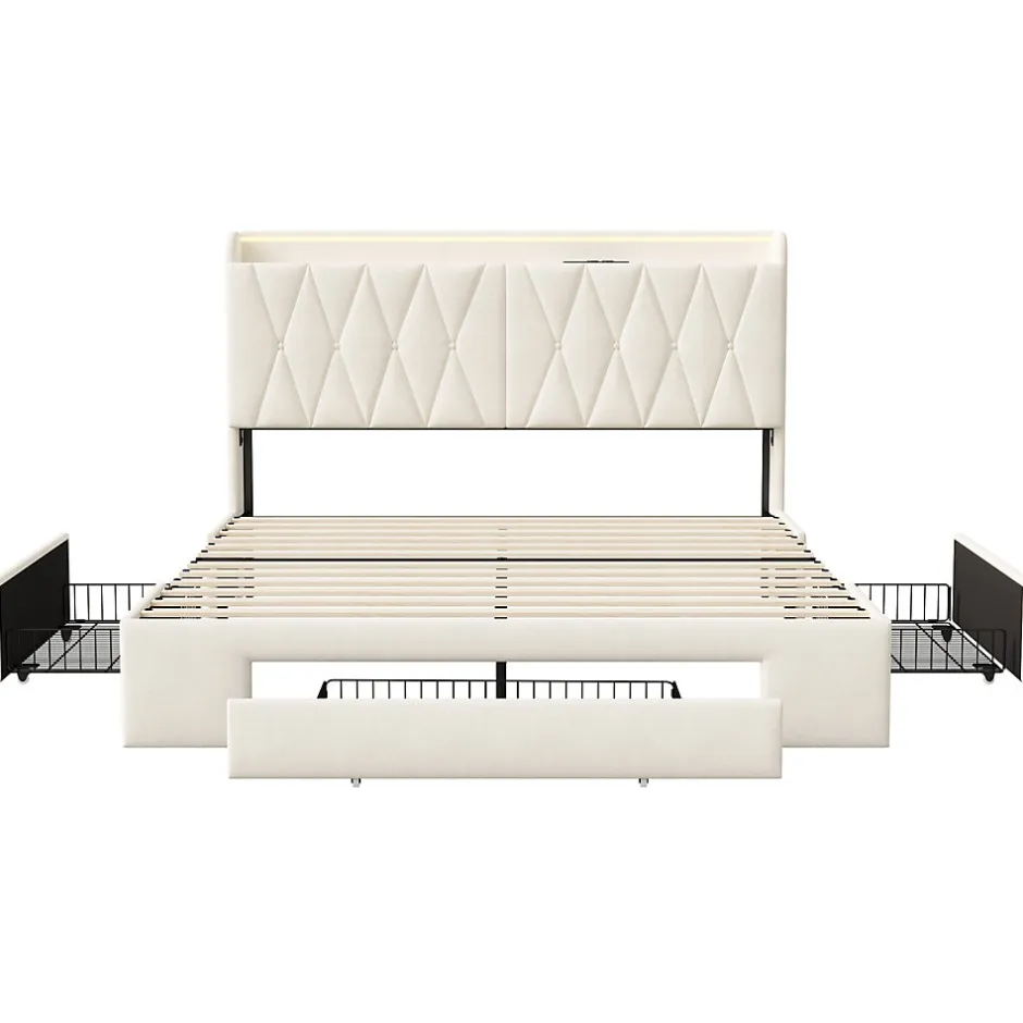 Generique lit double 160x200 avec tiroirs,lit capitonné,rangement tête de lit, tête de lit ouverte,chargement USB,LED réglable,velours,beige