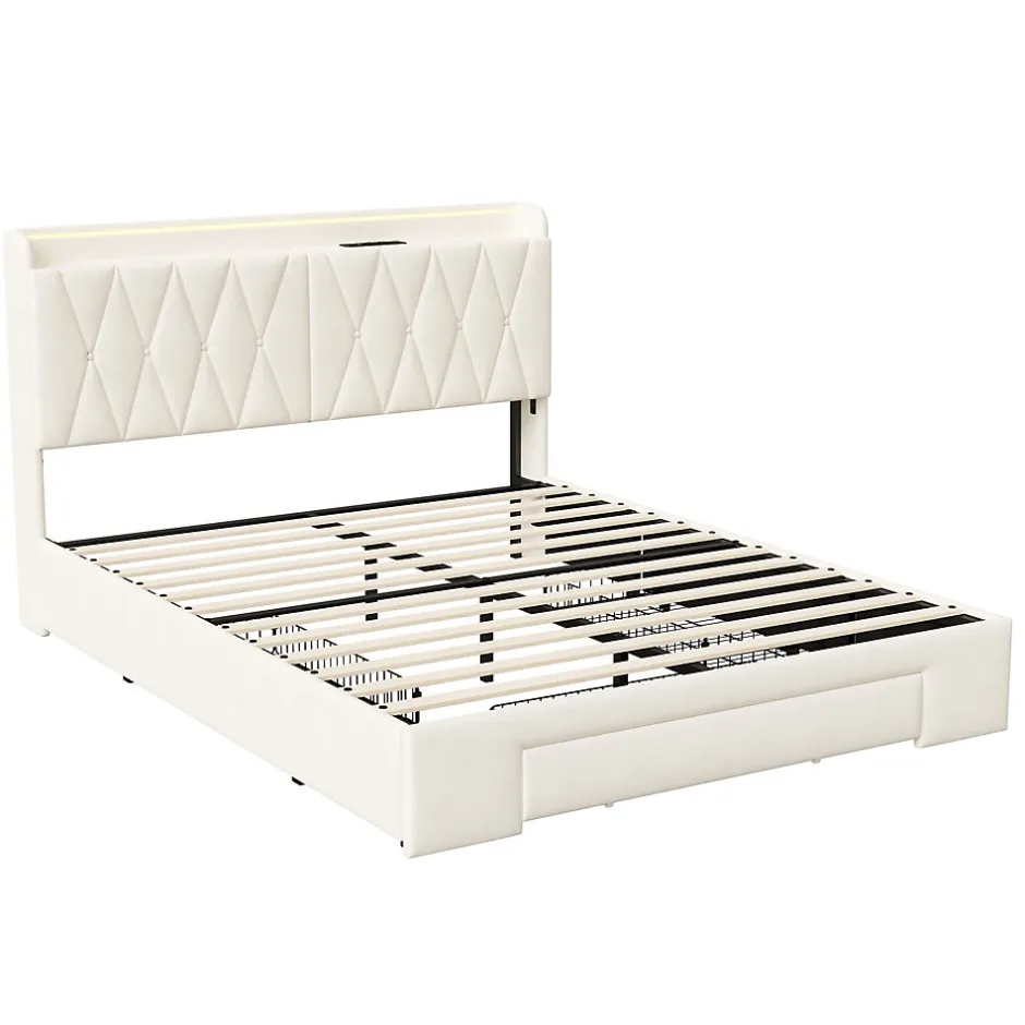 Generique lit double 160x200 avec tiroirs,lit capitonné,rangement tête de lit, tête de lit ouverte,chargement USB,LED réglable,velours,beige