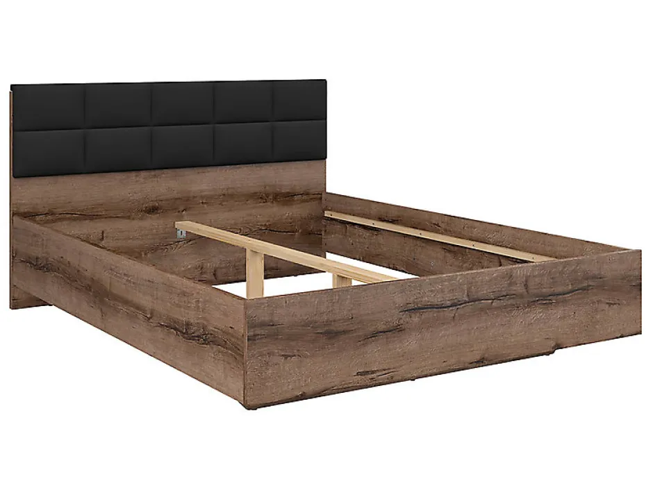 Pegane Lit double 160x200 avec tête de lit rembourrée noir ,coloris Chêne marron foncé - L. 206 x P. 165 x H. 42-98,5 cm