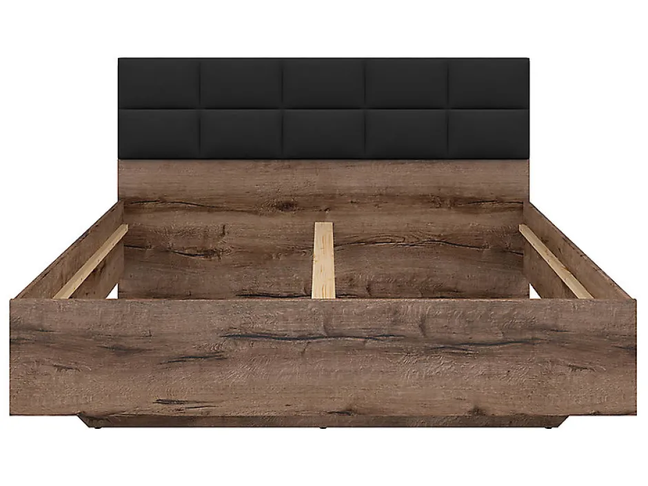 Pegane Lit double 160x200 avec tête de lit rembourrée noir ,coloris Chêne marron foncé - L. 206 x P. 165 x H. 42-98,5 cm