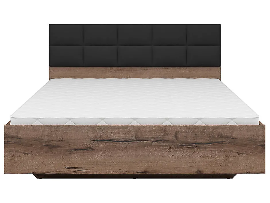 Pegane Lit double 160x200 avec tête de lit rembourrée noir ,coloris Chêne marron foncé - L. 206 x P. 165 x H. 42-98,5 cm