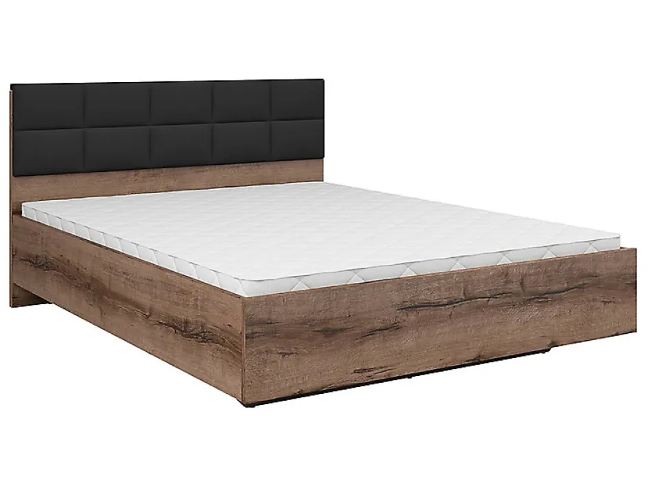 Pegane Lit double 160x200 avec tête de lit rembourrée noir ,coloris Chêne marron foncé - L. 206 x P. 165 x H. 42-98,5 cm