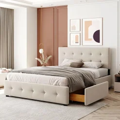 Okwish Lit Double 140x200 cm - avec 4 Tiroirs, Lit Confortable en Velours, Tête de Lit capitonnée, Sans Matelas, Beige Discount