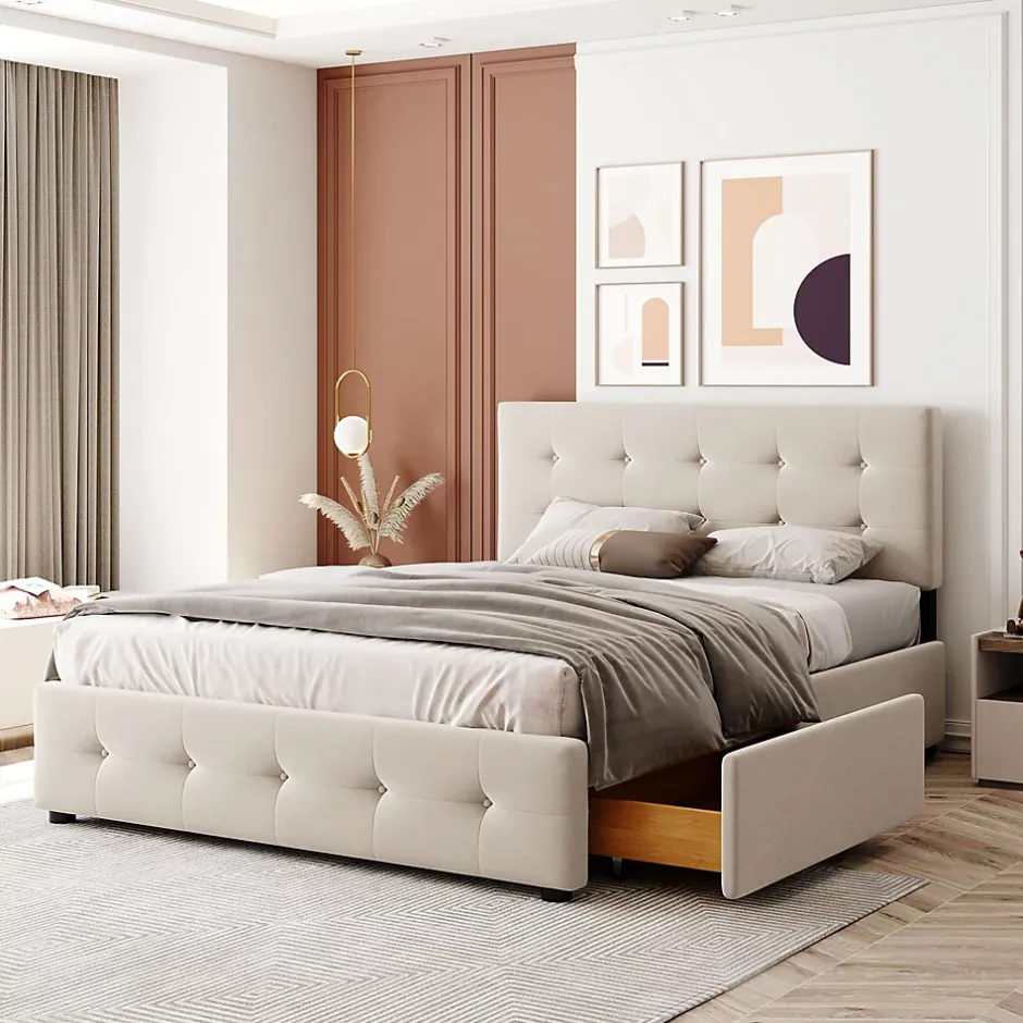Okwish Lit Double 140x200 cm - avec 4 Tiroirs, Lit Confortable en Velours, Tête de Lit capitonnée, Sans Matelas, Beige Discount