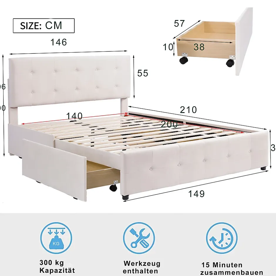 Okwish Lit Double 140x200 cm - avec 4 Tiroirs, Lit Confortable en Velours, Tête de Lit capitonnée, Sans Matelas, Beige Discount