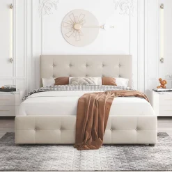 Okwish Lit Double 140x200 cm - avec 4 Tiroirs, Lit Confortable en Velours, Tête de Lit capitonnée, Sans Matelas, Beige Discount
