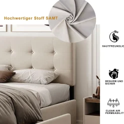 Okwish Lit Double 140x200 cm - avec 4 Tiroirs, Lit Confortable en Velours, Tête de Lit capitonnée, Sans Matelas, Beige Discount