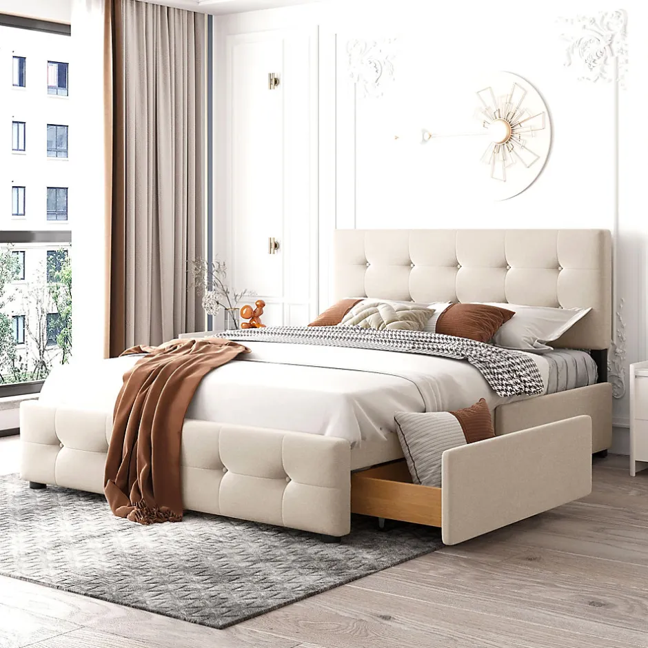 Okwish Lit Double 140x200 cm - avec 4 Tiroirs, Lit Confortable en Velours, Tête de Lit capitonnée, Sans Matelas, Beige Discount