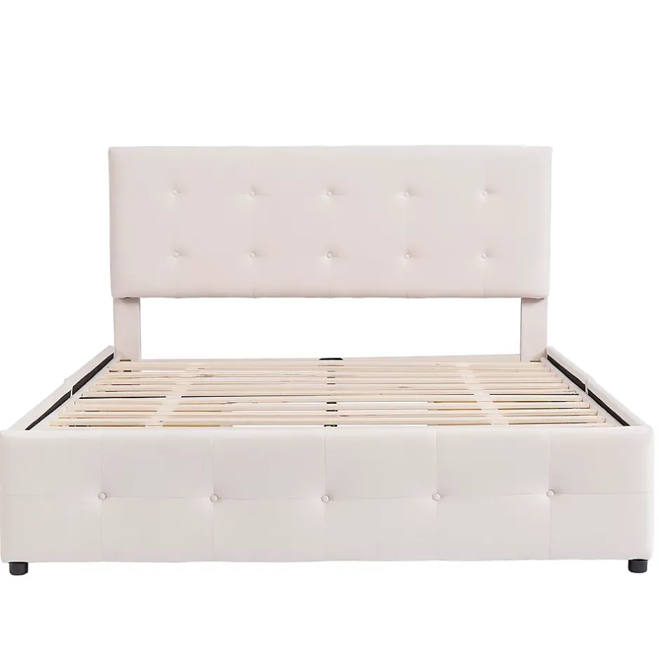 Okwish Lit Double 140x200 cm - avec 4 Tiroirs, Lit Confortable en Velours, Tête de Lit capitonnée, Sans Matelas, Beige Discount