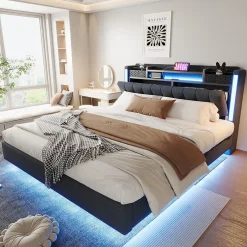 Okwish Lit Double 160x200 cm - avec Coffre de Rangement, LED et Port USB Intégré, Sans Matelas, Tissu Lin, Gris Sale