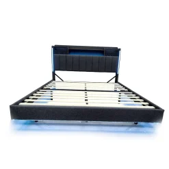 Okwish Lit Double 160x200 cm - avec Coffre de Rangement, LED et Port USB Intégré, Sans Matelas, Tissu Lin, Gris Sale