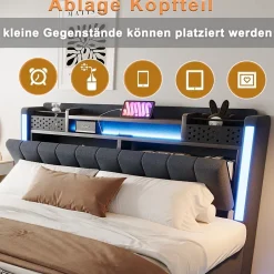 Okwish Lit Double 160x200 cm - avec Coffre de Rangement, LED et Port USB Intégré, Sans Matelas, Tissu Lin, Gris Sale
