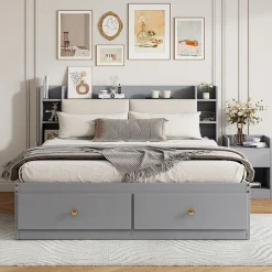 Okwish Lit Double 140x200 cm - avec Rangement Intégré et Tiroirs Latéraux, Banc Coffre pour Gain de Place - Gris