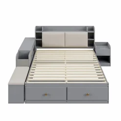 Okwish Lit Double 140x200 cm - avec Rangement Intégré et Tiroirs Latéraux, Banc Coffre pour Gain de Place - Gris