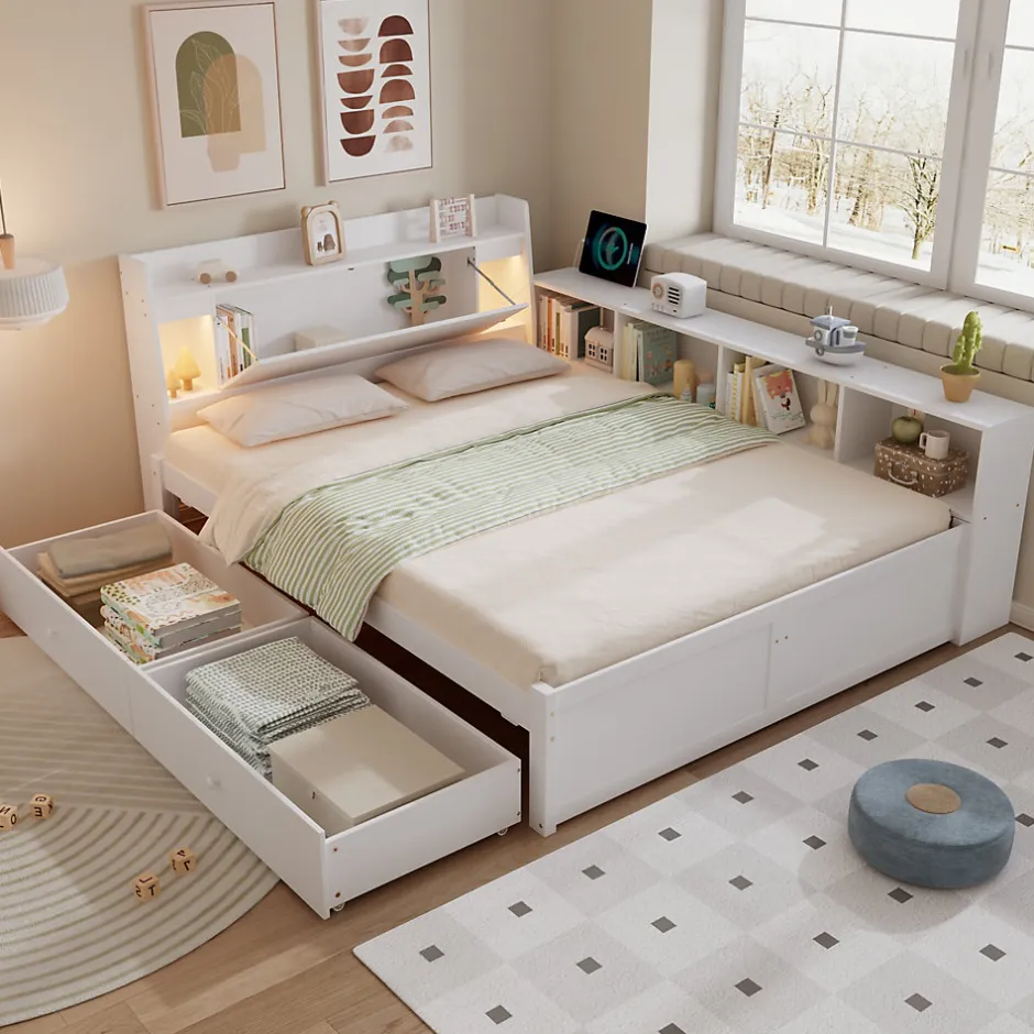 Okwish Lit Double 140x200 cm - avec Rangement, Tiroirs sous le Lit, Chargeur et Lumière Intégrée, en MDF Blanc, Sans Matelas