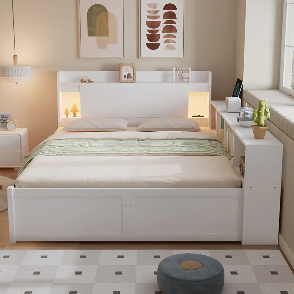 Okwish Lit Double 140x200 cm - avec Rangement, Tiroirs sous le Lit, Chargeur et Lumière Intégrée, en MDF Blanc, Sans Matelas