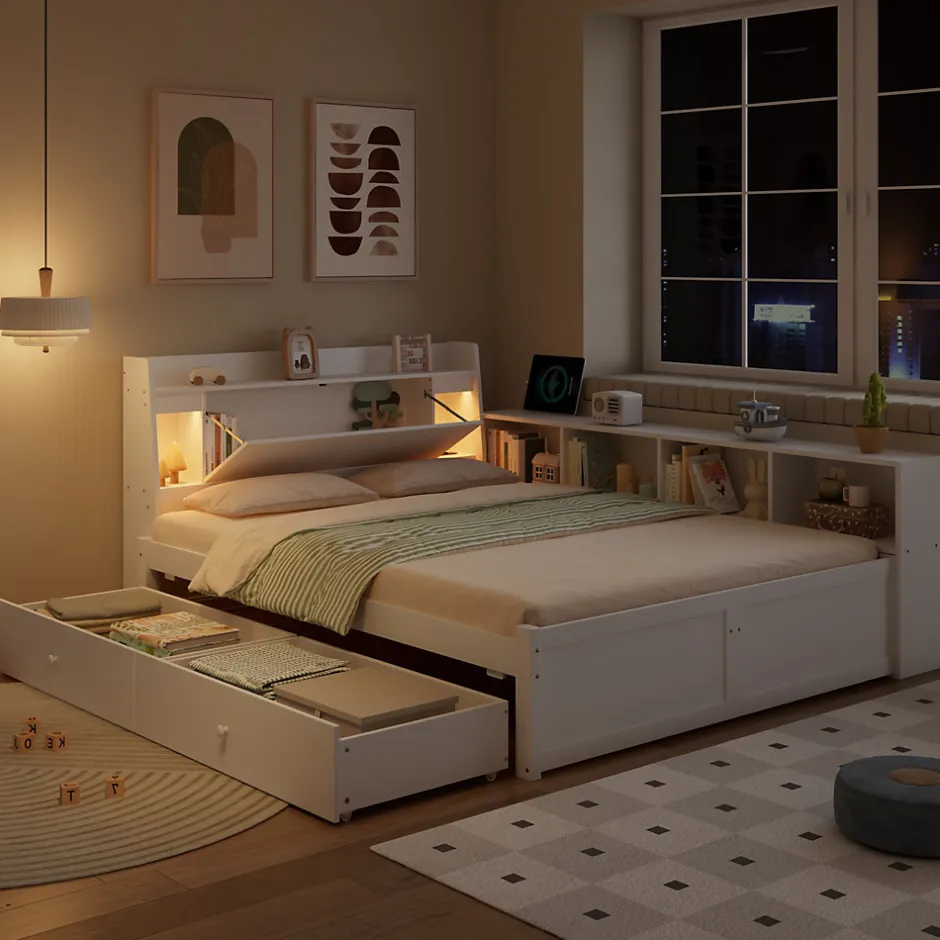 Okwish Lit Double 140x200 cm - avec Rangement, Tiroirs sous le Lit, Chargeur et Lumière Intégrée, en MDF Blanc, Sans Matelas