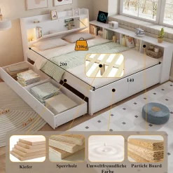 Okwish Lit Double 140x200 cm - avec Rangement, Tiroirs sous le Lit, Chargeur et Lumière Intégrée, en MDF Blanc, Sans Matelas