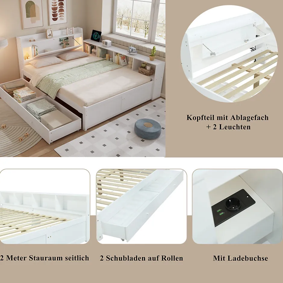 Okwish Lit Double 140x200 cm - avec Rangement, Tiroirs sous le Lit, Chargeur et Lumière Intégrée, en MDF Blanc, Sans Matelas