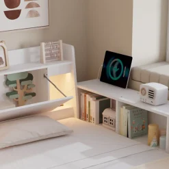 Okwish Lit Double 140x200 cm - avec Rangement, Tiroirs sous le Lit, Chargeur et Lumière Intégrée, en MDF Blanc, Sans Matelas