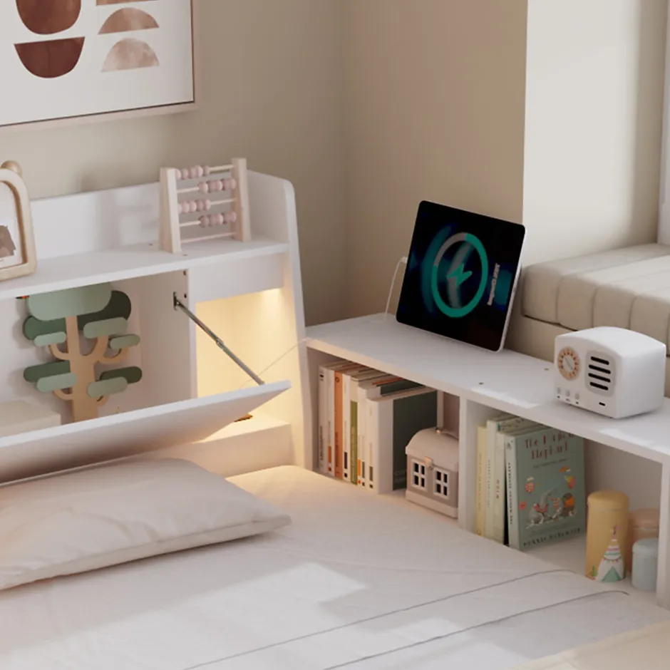 Okwish Lit Double 140x200 cm - avec Rangement, Tiroirs sous le Lit, Chargeur et Lumière Intégrée, en MDF Blanc, Sans Matelas