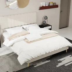 Okwish Lit Double 160x200 cm - avec Tête de Lit Douce et Base Basse Anti-Poussière, Cadre Confortable, en Velours, Beige, Sans Matelas Sale