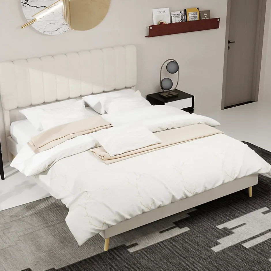 Okwish Lit Double 160x200 cm - avec Tête de Lit Douce et Base Basse Anti-Poussière, Cadre Confortable, en Velours, Beige, Sans Matelas Sale