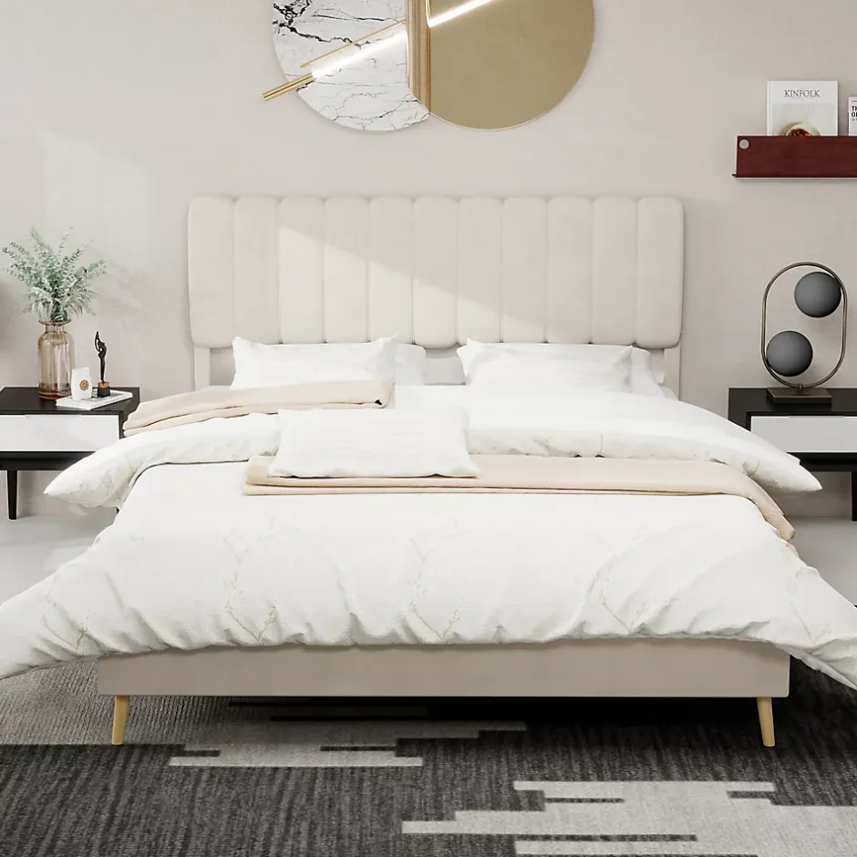 Okwish Lit Double 160x200 cm - avec Tête de Lit Douce et Base Basse Anti-Poussière, Cadre Confortable, en Velours, Beige, Sans Matelas Sale