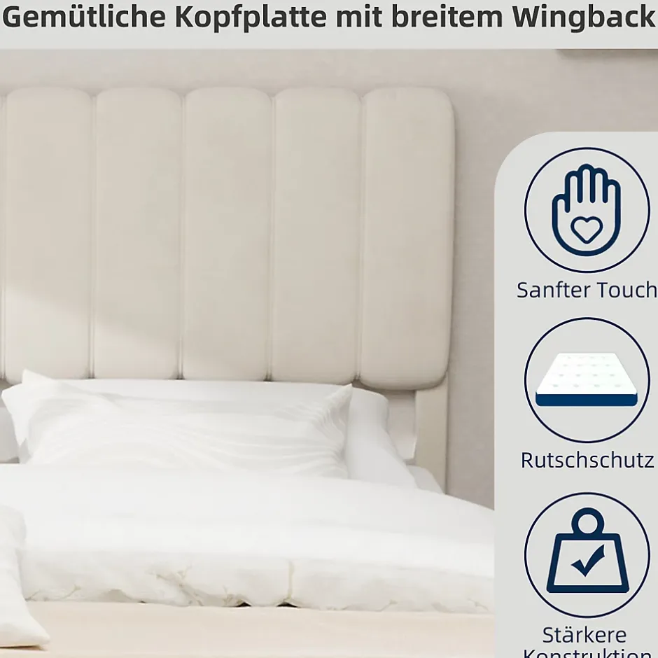 Okwish Lit Double 160x200 cm - avec Tête de Lit Douce et Base Basse Anti-Poussière, Cadre Confortable, en Velours, Beige, Sans Matelas Sale