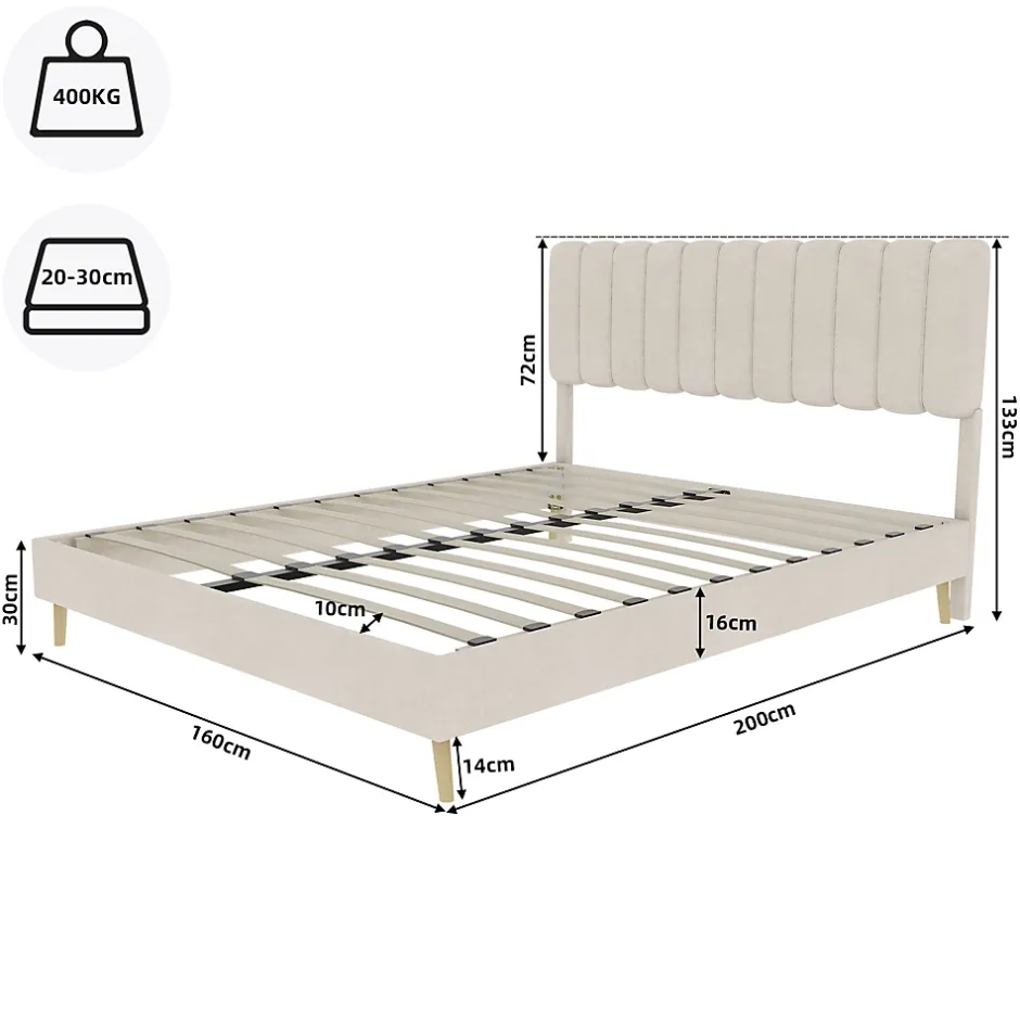 Okwish Lit Double 160x200 cm - avec Tête de Lit Douce et Base Basse Anti-Poussière, Cadre Confortable, en Velours, Beige, Sans Matelas Sale